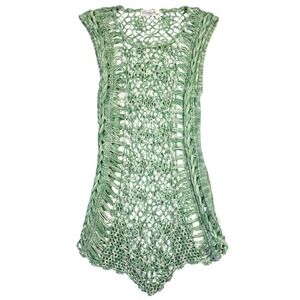 Pretty Angel Green Crochet Linen Blend Fringe Handkerchief Hem Top Boho Beach